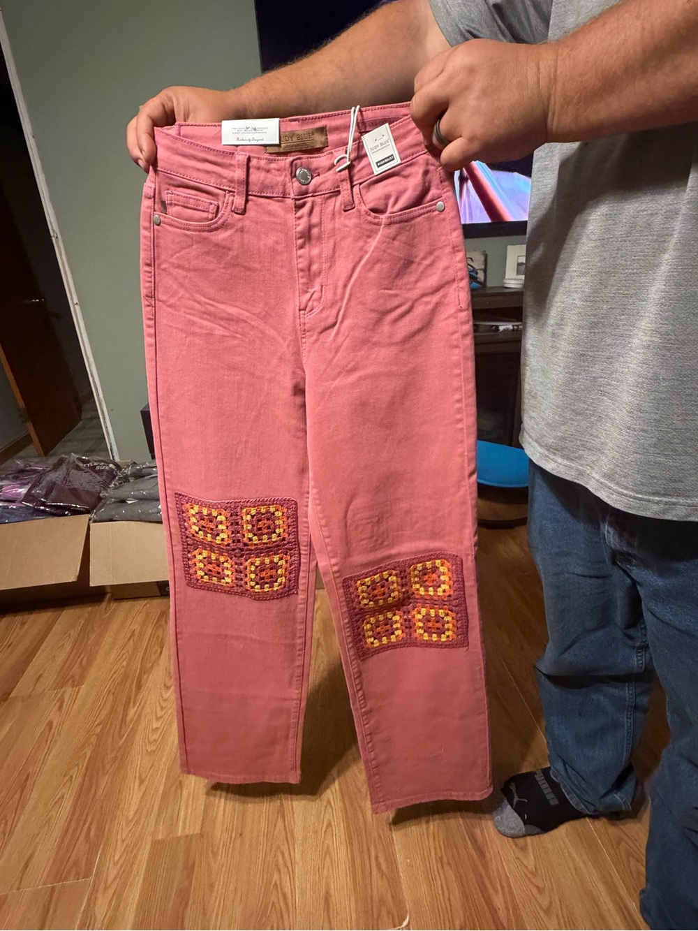 Judy Blue Pink Straight-Leg Jeans with Crochet Knee Patches